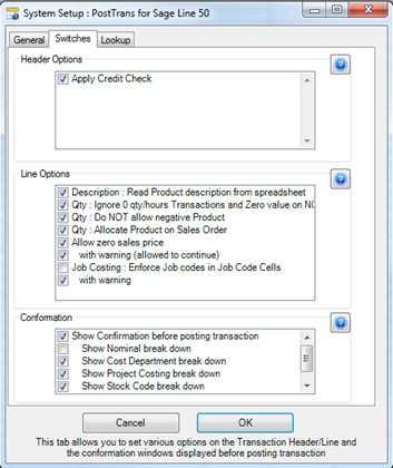 Switches in Setup window