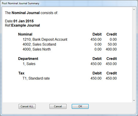 Confirmation window showing journal summary of transaction.