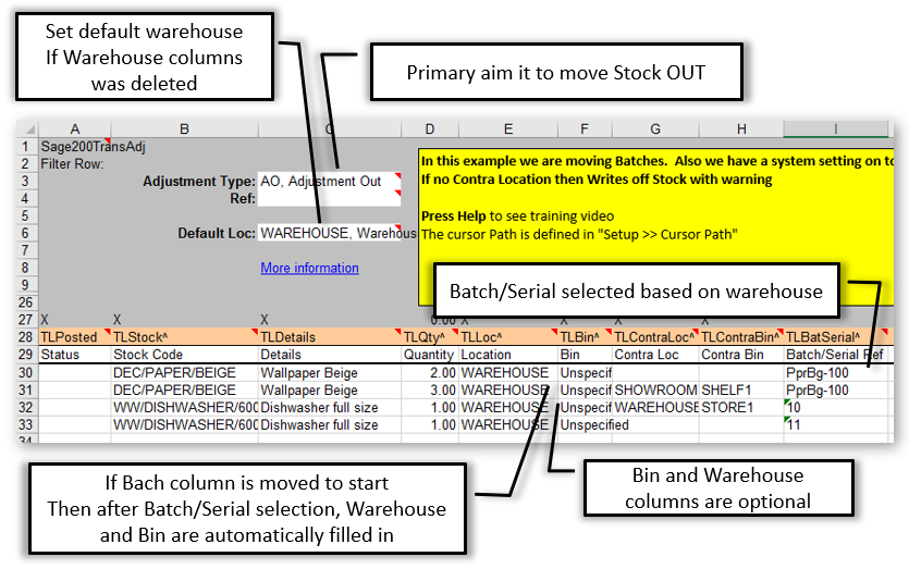Sage 200 Stock Adjust with Batches/Serial items