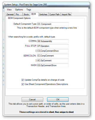 BOM Options in Setup window