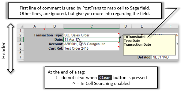 Comments map to Sage fields (Sales Order in this example)