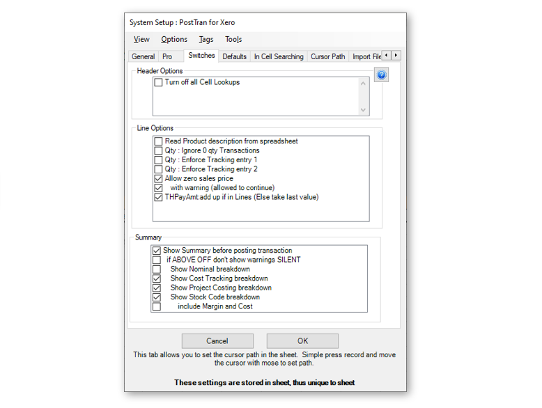 Transaction Import Options in Header of Template